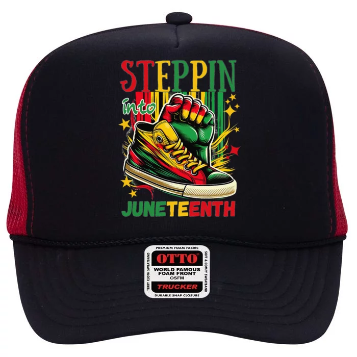 Stepping Into Juneteenth Afro Woman Black Sneakers High Crown Mesh Trucker Hat