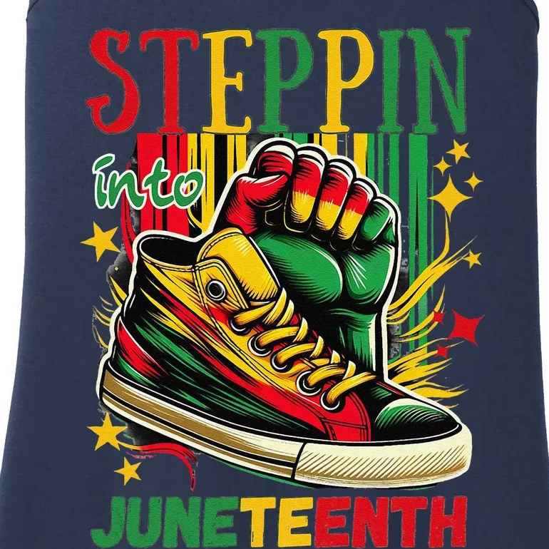 Stepping Into Juneteenth Afro Woman Black Sneakers Ladies Essential Tank