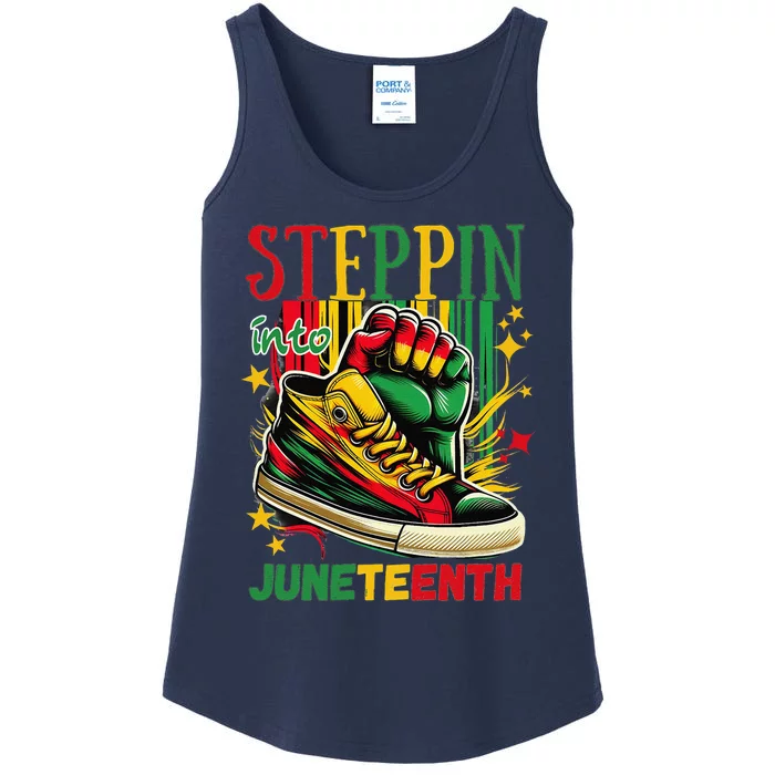 Stepping Into Juneteenth Afro Woman Black Sneakers Ladies Essential Tank