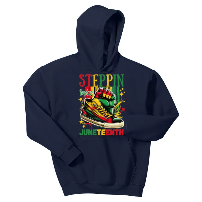 Stepping Into Juneteenth Afro Woman Black Sneakers Kids Hoodie