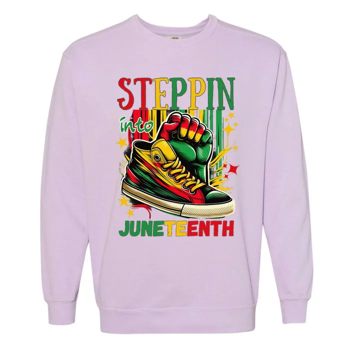 Stepping Into Juneteenth Afro Woman Black Sneakers Garment-Dyed Sweatshirt