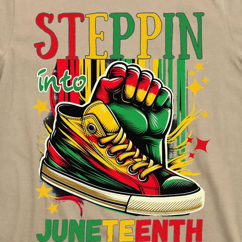 Stepping Into Juneteenth Afro Woman Black Sneakers T-Shirt