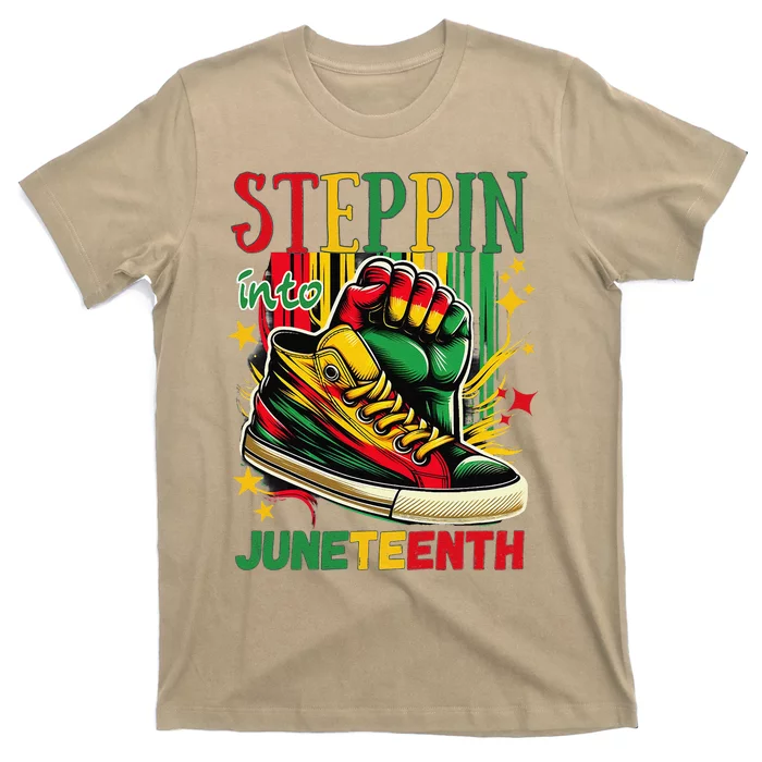 Stepping Into Juneteenth Afro Woman Black Sneakers T-Shirt