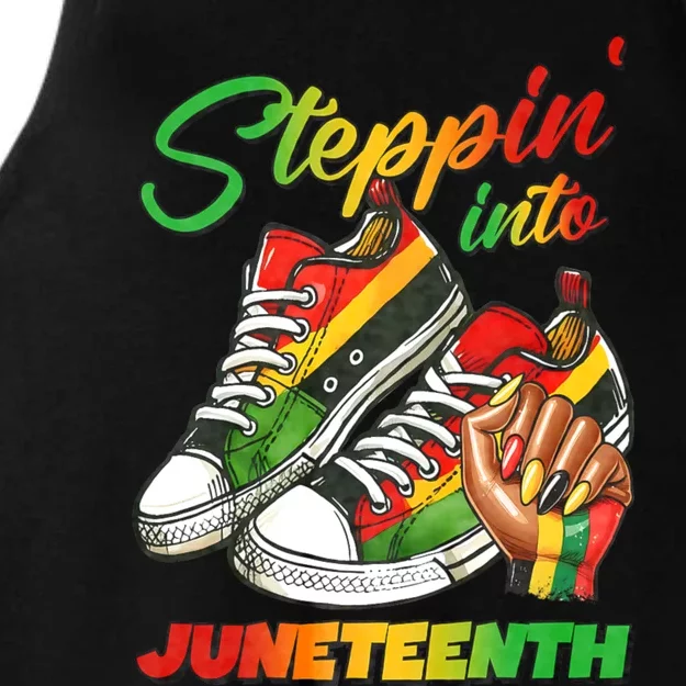 Stepping Into Juneteenth Afro Woman Black Sneakers Ladies Tri-Blend Wicking Tank