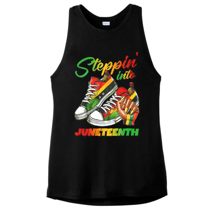 Stepping Into Juneteenth Afro Woman Black Sneakers Ladies Tri-Blend Wicking Tank