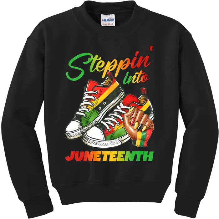 Stepping Into Juneteenth Afro Woman Black Sneakers Kids Sweatshirt