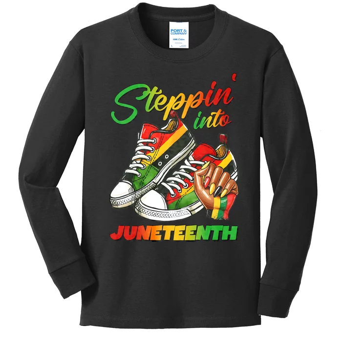 Stepping Into Juneteenth Afro Woman Black Sneakers Kids Long Sleeve Shirt