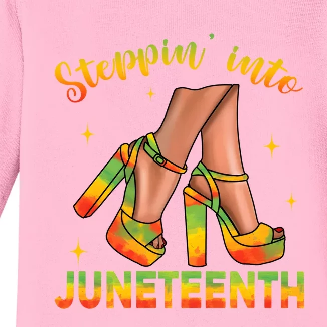 Stepping Into Junenth High Heels Melanin Queen Freedom Gift Baby Long Sleeve Bodysuit