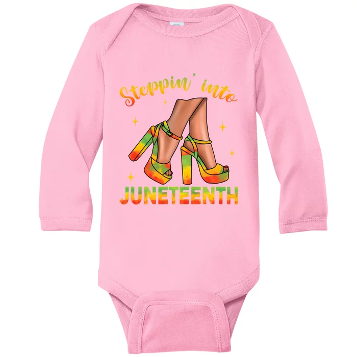 Stepping Into Junenth High Heels Melanin Queen Freedom Gift Baby Long Sleeve Bodysuit