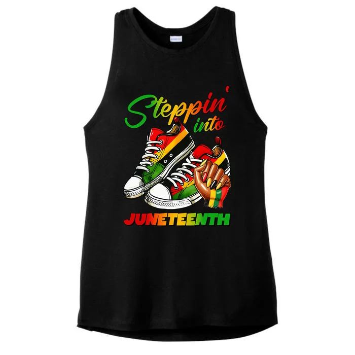 Stepping Into Juneteenth Afro Woman Black Girl Sneakers Ladies Tri-Blend Wicking Tank