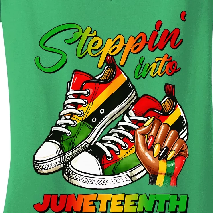 Stepping Into Juneteenth Afro Woman Black Girl Sneakers Women's V-Neck T-Shirt