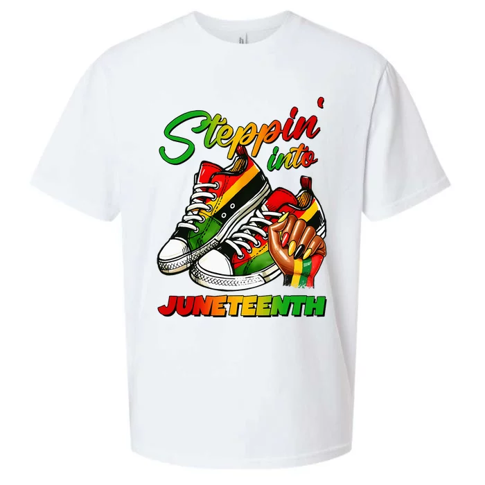 Stepping Into Juneteenth Afro Woman Black Girl Sneakers Sueded Cloud Jersey T-Shirt