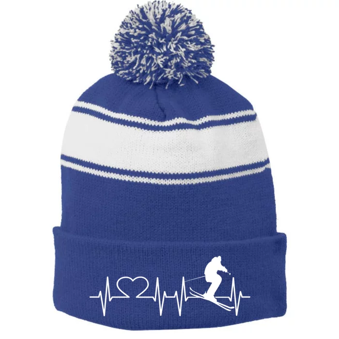 Ski I Love Skiing Heartbeat Ski Slopes Ecg Skiing Funny Gift Stripe Pom Pom Beanie