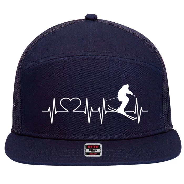 Ski I Love Skiing Heartbeat Ski Slopes Ecg Skiing Funny Gift 7 Panel Mesh Trucker Snapback Hat