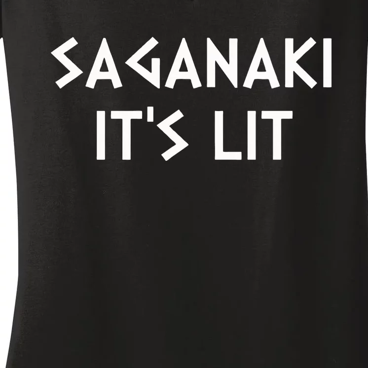 Saganaki Its Lit Greek Cheese Lover Foodie Women's V-Neck T-Shirt