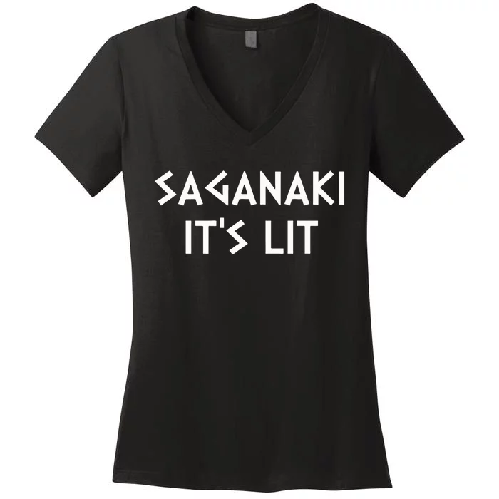 Saganaki Its Lit Greek Cheese Lover Foodie Women's V-Neck T-Shirt