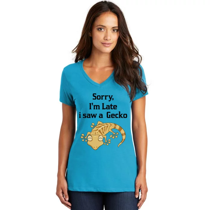 Sorry I'am Late A Saw A Gecko Funny Crested Gecko Gift Women's V-Neck T-Shirt