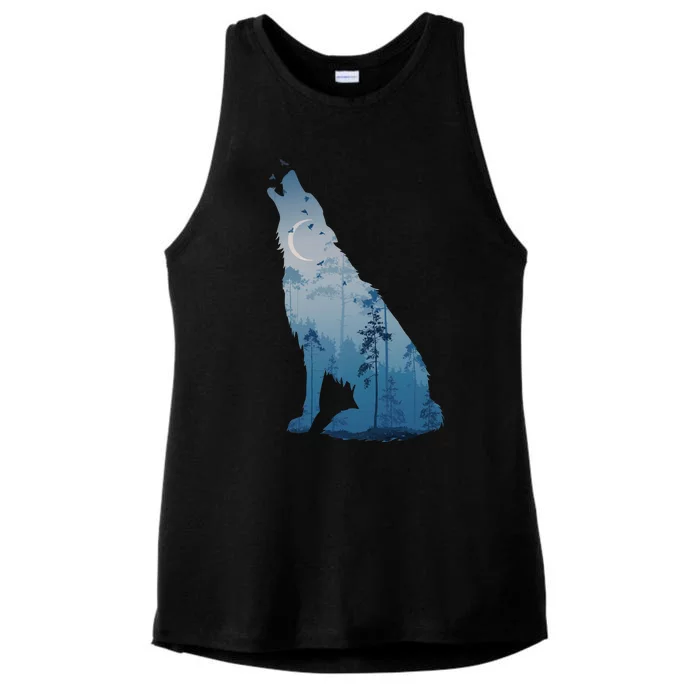 Silhouette Of The Howling Wolf Ladies Tri-Blend Wicking Tank