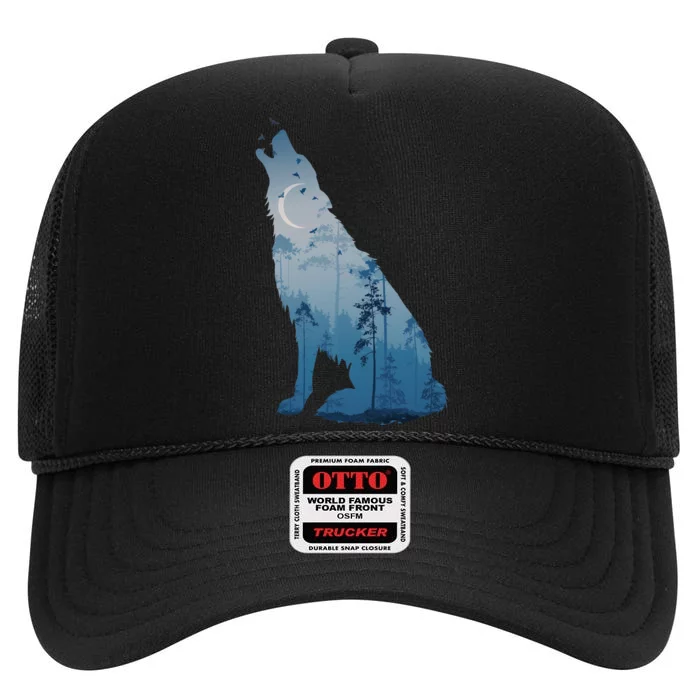 Silhouette Of The Howling Wolf High Crown Mesh Trucker Hat