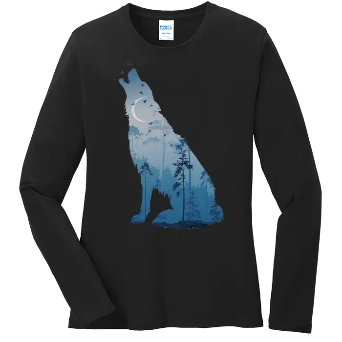 Silhouette Of The Howling Wolf Ladies Long Sleeve Shirt