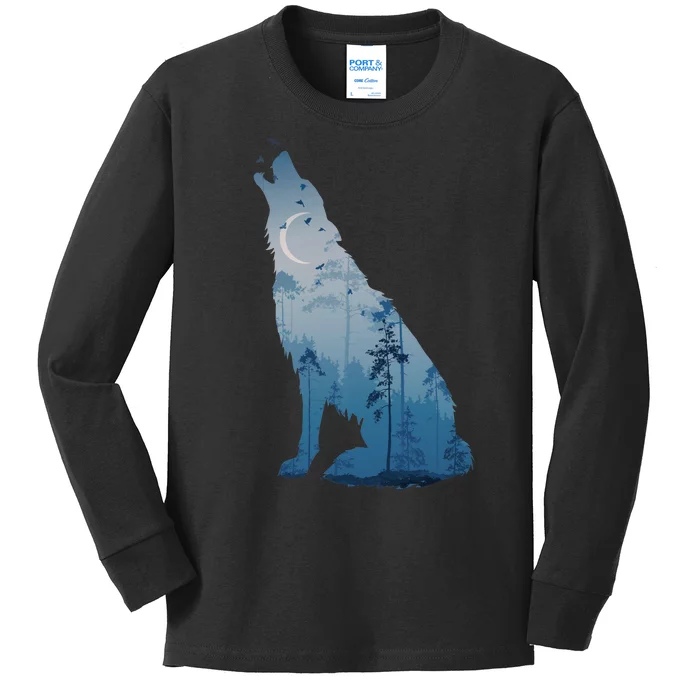 Silhouette Of The Howling Wolf Kids Long Sleeve Shirt