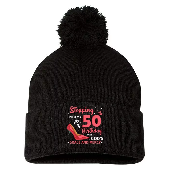 Stepping Into My 75th Birthday With Gods Grace & Mercy Pom Pom 12in Knit Beanie