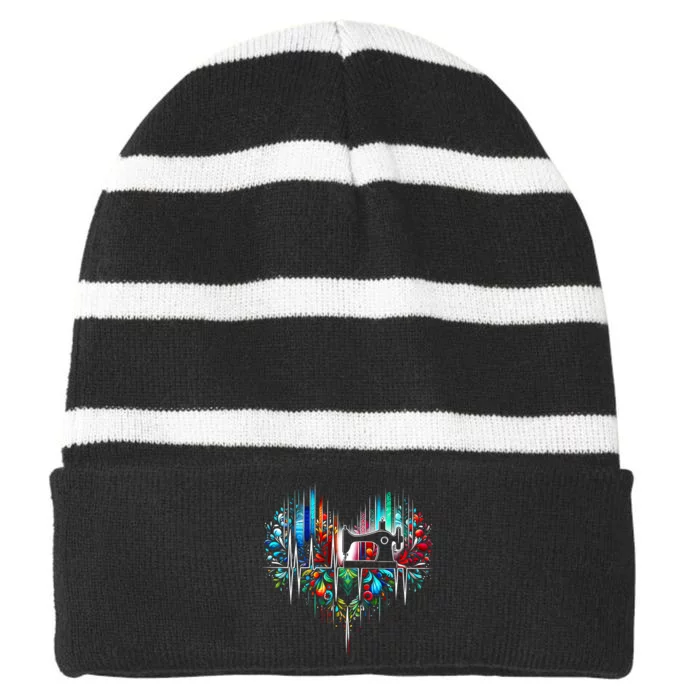 Sewing Is My Heart Funny Sewing Lovers Gifts Striped Beanie with Solid Band