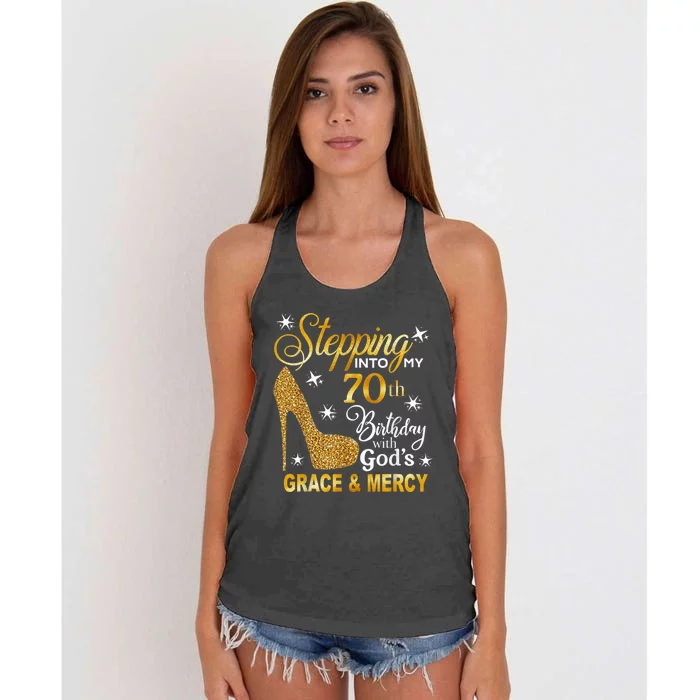 Stepping into my 70th birthday with God's grace & Mercy Women's Knotted Racerback Tank