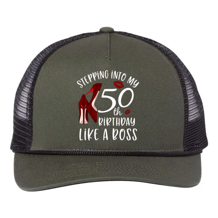 Stepping Into My 50th Birthday Like A Boss Gift 50 Years Old Retro Rope Trucker Hat Cap