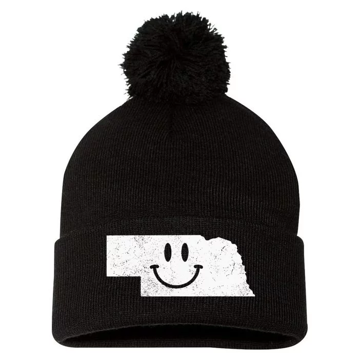 Smiling In NE – Funny Nebraska Happy Face Pom Pom 12in Knit Beanie