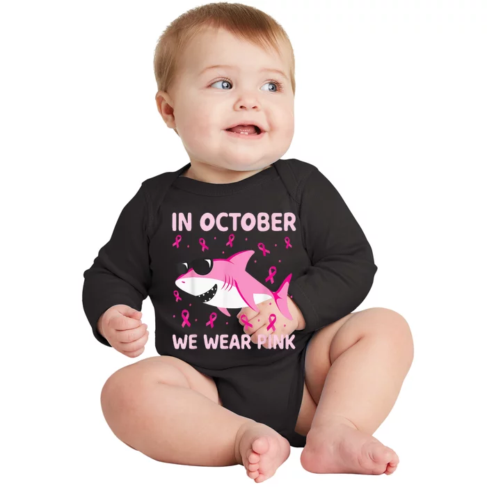 Shark In October We Wear Pink Breast Cancer Baby Long Sleeve Bodysuit