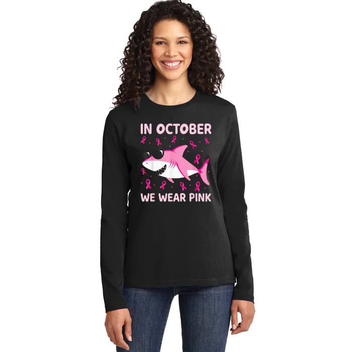 Shark In October We Wear Pink Breast Cancer Ladies Long Sleeve Shirt