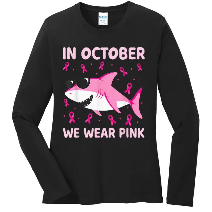 Shark In October We Wear Pink Breast Cancer Ladies Long Sleeve Shirt