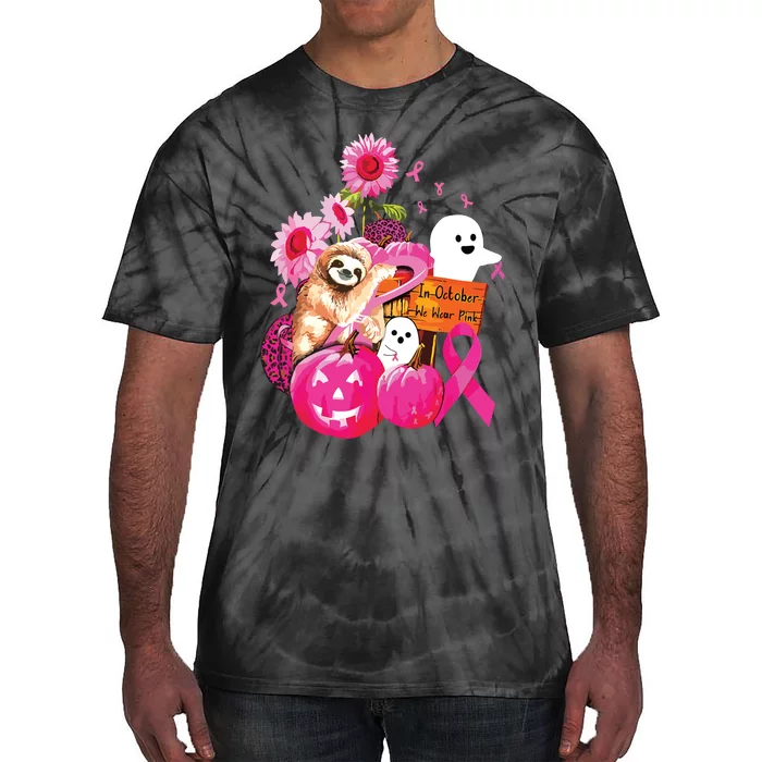 Sloth In October We Wear Pink Pumpkin Breast Cancer Tie-Dye T-Shirt