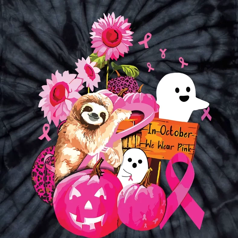 Sloth In October We Wear Pink Pumpkin Breast Cancer Tie-Dye T-Shirt