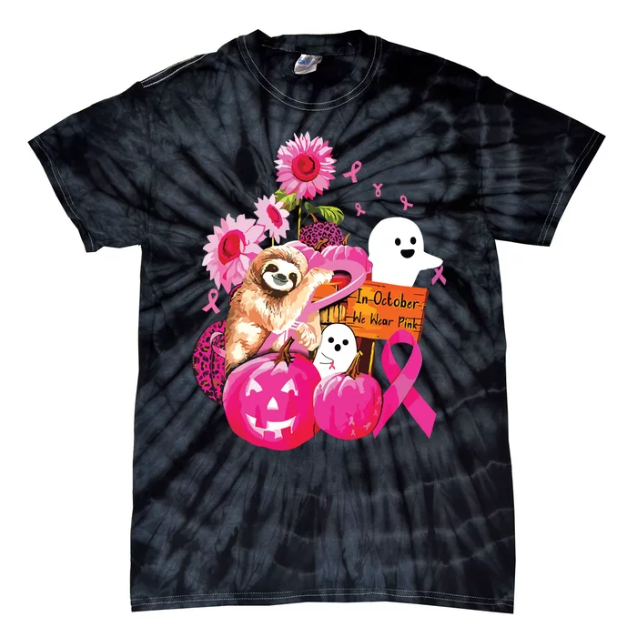 Sloth In October We Wear Pink Pumpkin Breast Cancer Tie-Dye T-Shirt