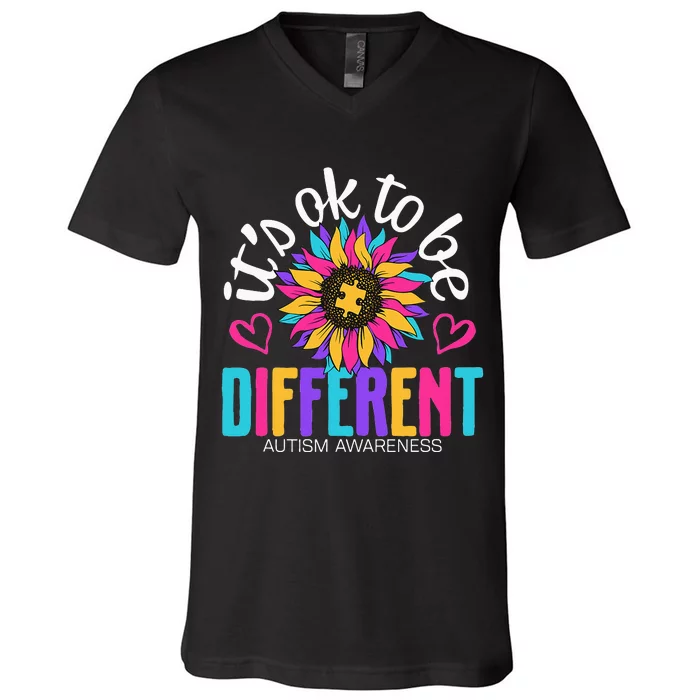 Sunflower it's ok to be Different Autism Awareness V-Neck T-Shirt