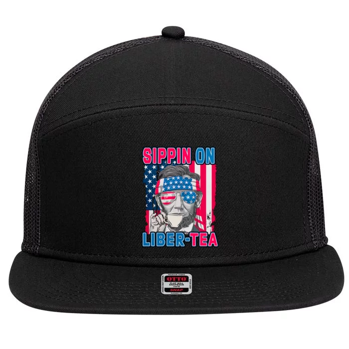 Sippin On Liberty 4th of July Abraham Lincoln 7 Panel Mesh Trucker Snapback Hat