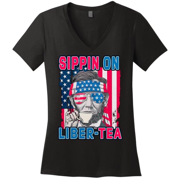 Sippin On Liberty 4th of July Abraham Lincoln Women's V-Neck T-Shirt
