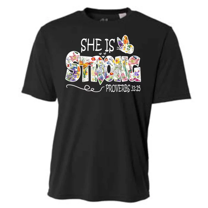 She Is Strong Proverbs 31:25 Bible Verse Cooling Performance Crew T-Shirt