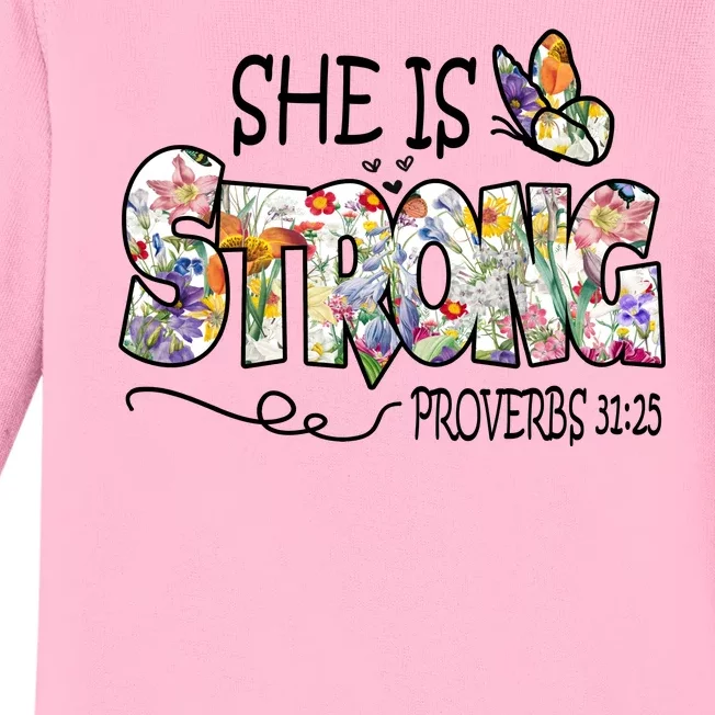 She Is Strong Proverbs 31:25 Bible Verse Baby Long Sleeve Bodysuit