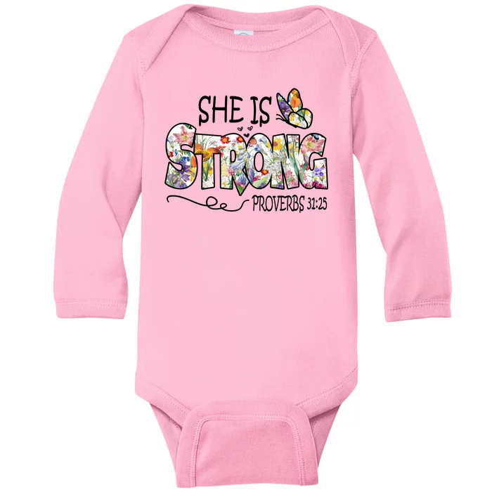 She Is Strong Proverbs 31:25 Bible Verse Baby Long Sleeve Bodysuit