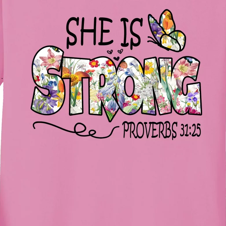 She Is Strong Proverbs 31:25 Bible Verse Kids Long Sleeve Shirt