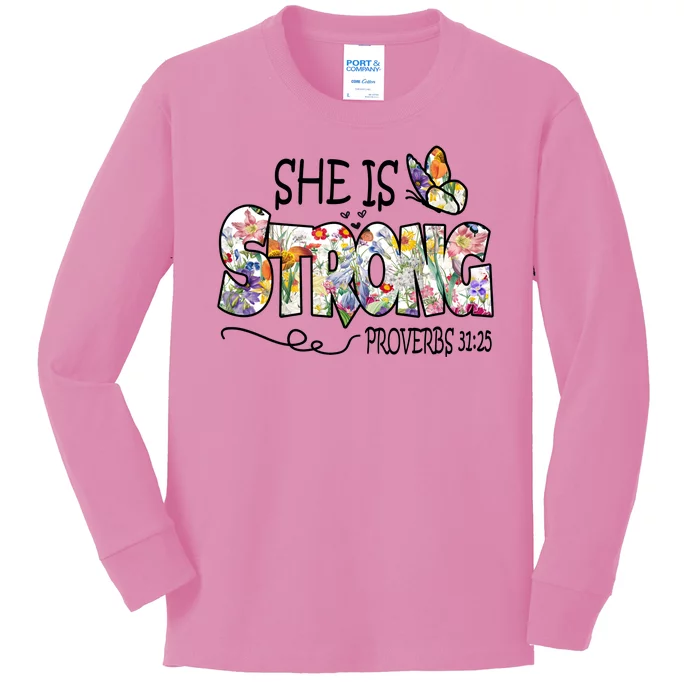 She Is Strong Proverbs 31:25 Bible Verse Kids Long Sleeve Shirt