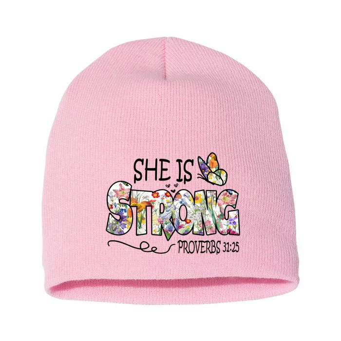 She Is Strong Proverbs 31:25 Bible Verse Short Acrylic Beanie