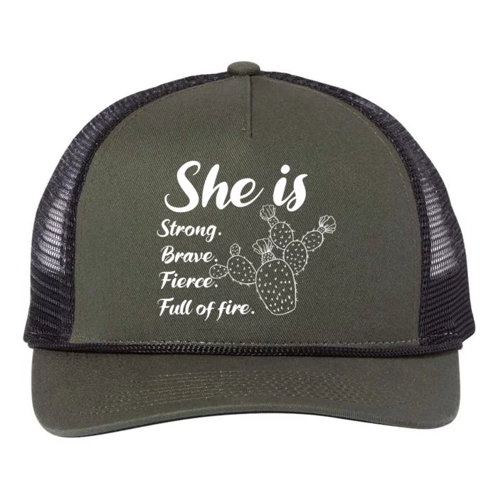 She Is Strong Brave Fierce Full Of Fire Cactus Great Gift Retro Rope Trucker Hat Cap