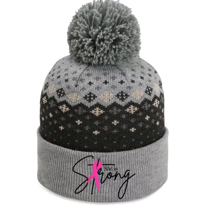 She Is Strong Breast Cancer Awareness Ribbon The Baniff Cuffed Pom Beanie