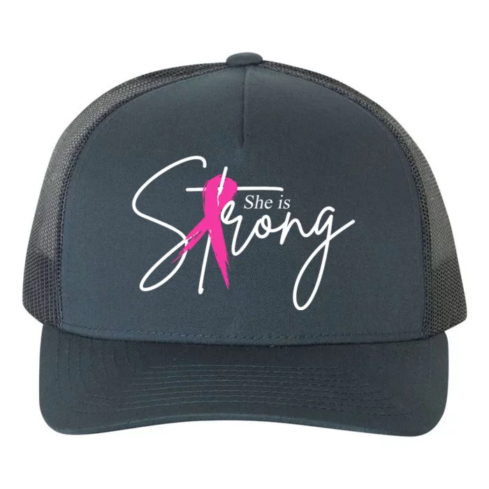 She Is Strong Breast Cancer Awareness Ribbon Yupoong Adult 5-Panel Trucker Hat