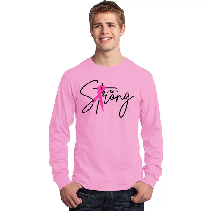 She Is Strong Breast Cancer Awareness Ribbon Long Sleeve Shirt