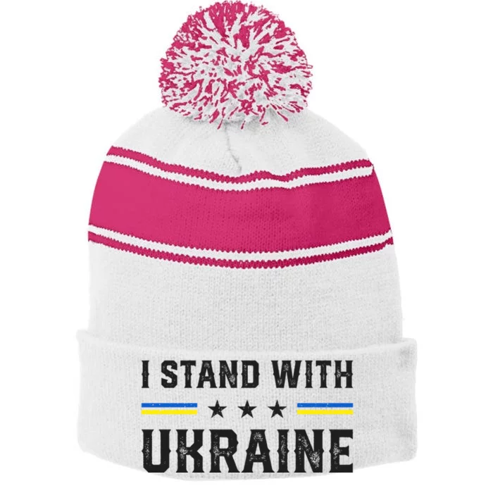 Support I Stand With Ukraine American Ukrainian Flag Cute Gift Stripe Pom Pom Beanie